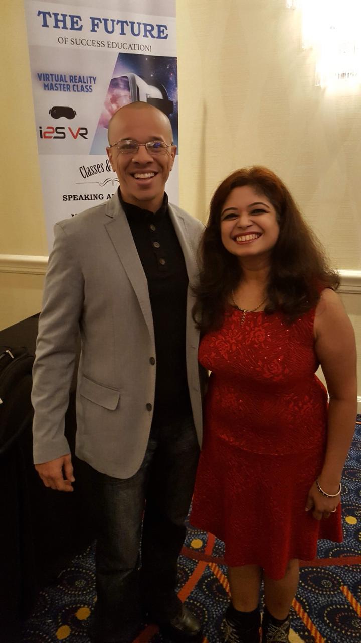 Geetha Krishnan with a fellow presenter at an education event