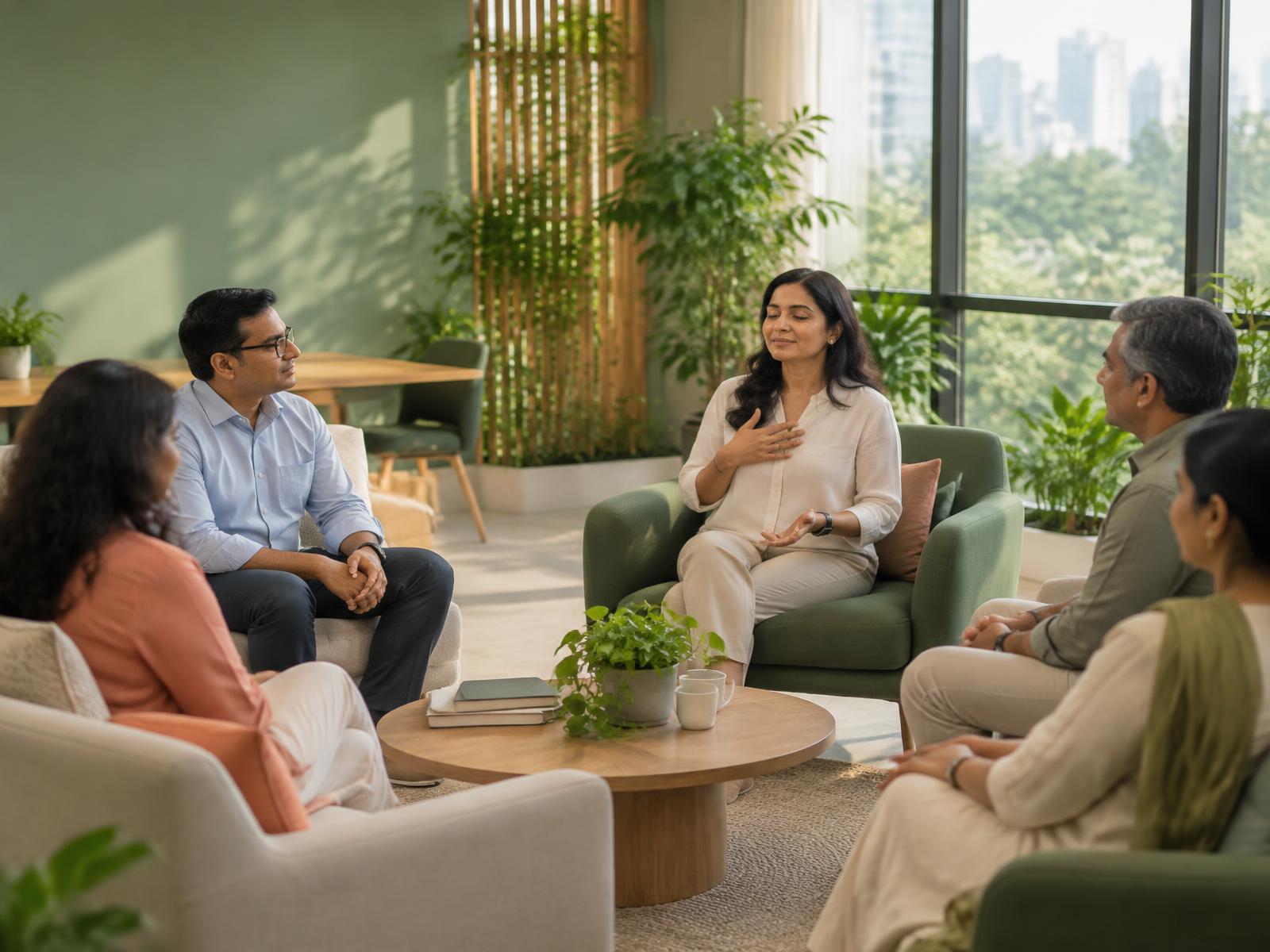 Professionals participating in a calm guided workplace wellbeing session