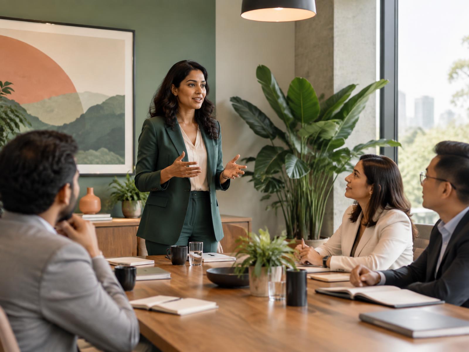 Confident professional speaker presenting ideas to an attentive executive audience